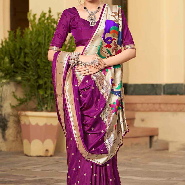 Mauve Purple Woven Paithani Banarasi Silk Saree