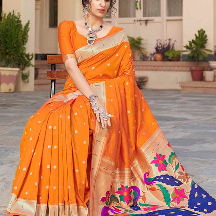 Super Orange Woven Banarasi Silk Saree Paithani Style