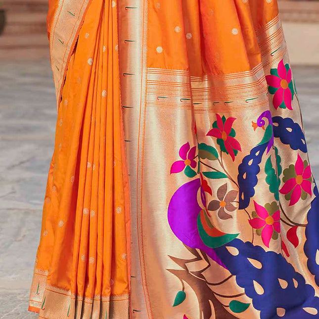 Super Orange Woven Banarasi Silk Saree Paithani Style