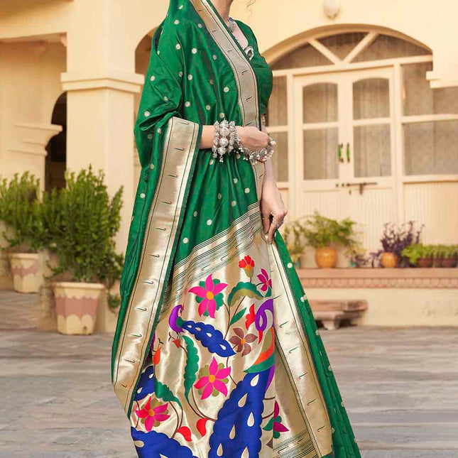 Basil Green Woven Paithani Banarasi Silk Saree