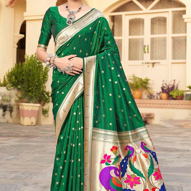 Basil Green Woven Paithani Banarasi Silk Saree