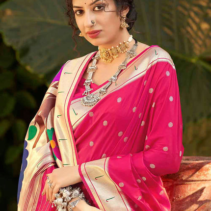 Ruby Pink Woven Banarasi Silk Saree Paithani Style