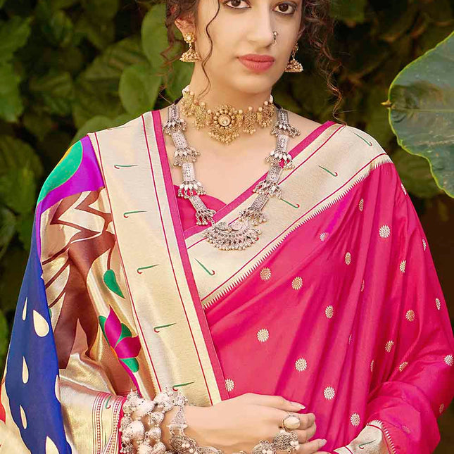 Ruby Pink Woven Banarasi Silk Saree Paithani Style
