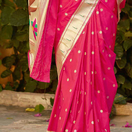 Ruby Pink Woven Banarasi Silk Saree Paithani Style