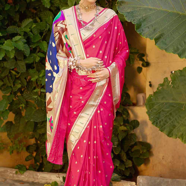 Ruby Pink Woven Banarasi Silk Saree Paithani Style