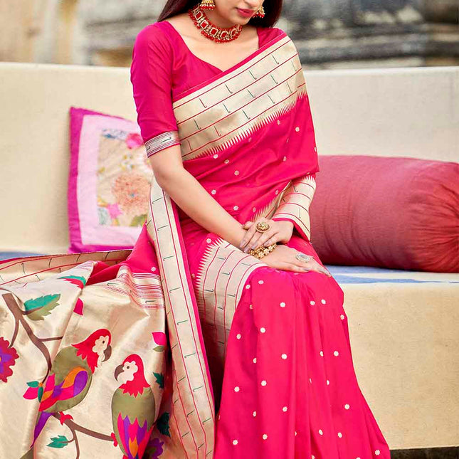 Fuchia Woven Motifs Banarasi Silk Pallu Saree