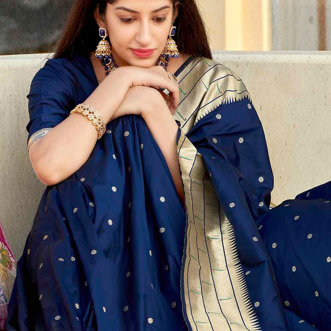 Navy Blue Woven Motifs Banarasi Silk Pallu Saree