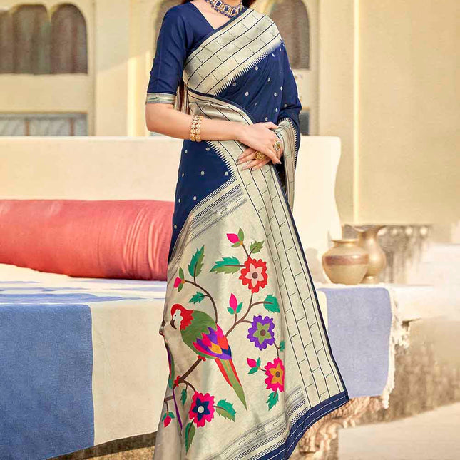 Navy Blue Woven Motifs Banarasi Silk Pallu Saree