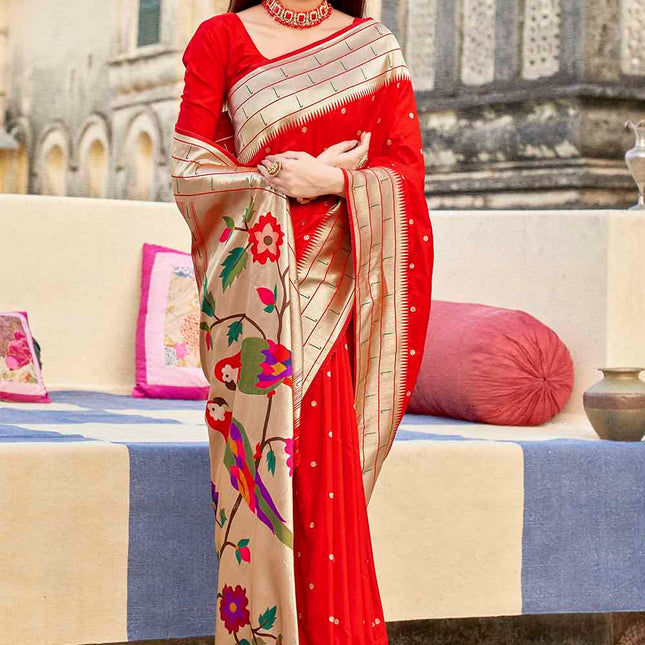 Mast Red Woven Motifs Banarasi Silk Pallu Saree
