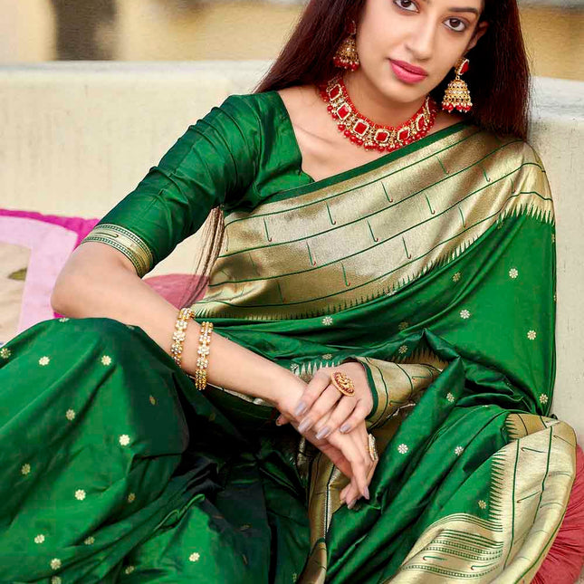 Dark Green Woven Motifs Banarasi Silk Pallu Saree