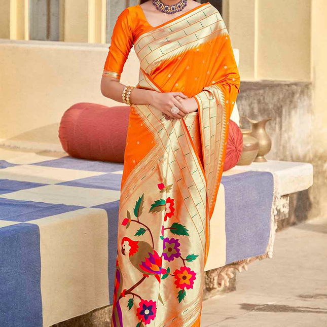 Tangy Orange Woven Motifs Banarasi Silk Pallu Saree