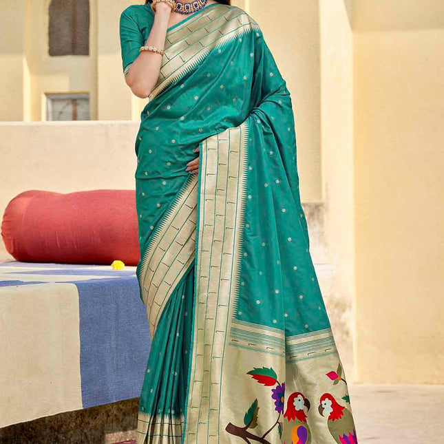 Emerald Green Woven Motifs Banarasi Silk Pallu Saree