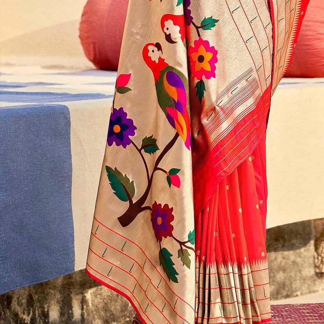 Pinkish Red Woven Motifs Banarasi Silk Pallu Saree