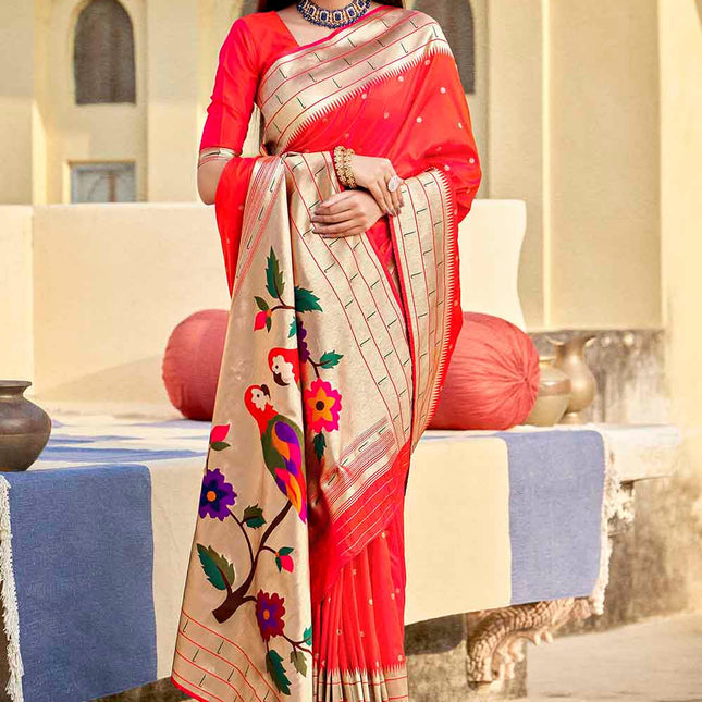 Pinkish Red Woven Motifs Banarasi Silk Pallu Saree