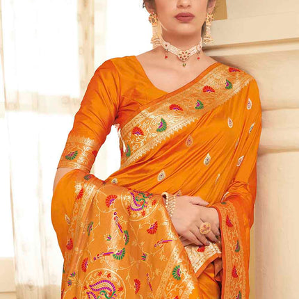Marigold Orange Woven Soft Banarasi Silk Saree with Butti Work
