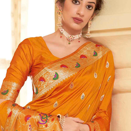 Marigold Orange Woven Soft Banarasi Silk Saree with Butti Work