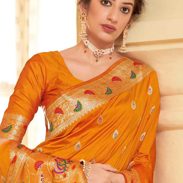 Marigold Orange Woven Soft Banarasi Silk Saree with Butti Work