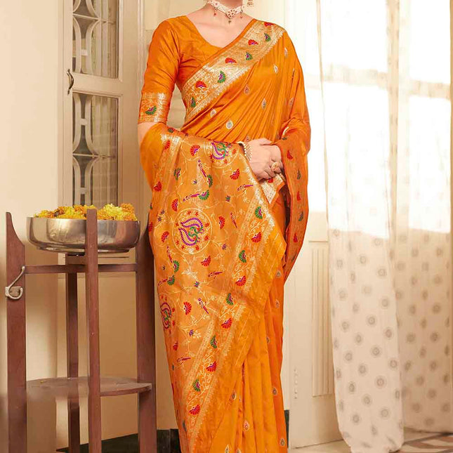 Marigold Orange Woven Soft Banarasi Silk Saree with Butti Work