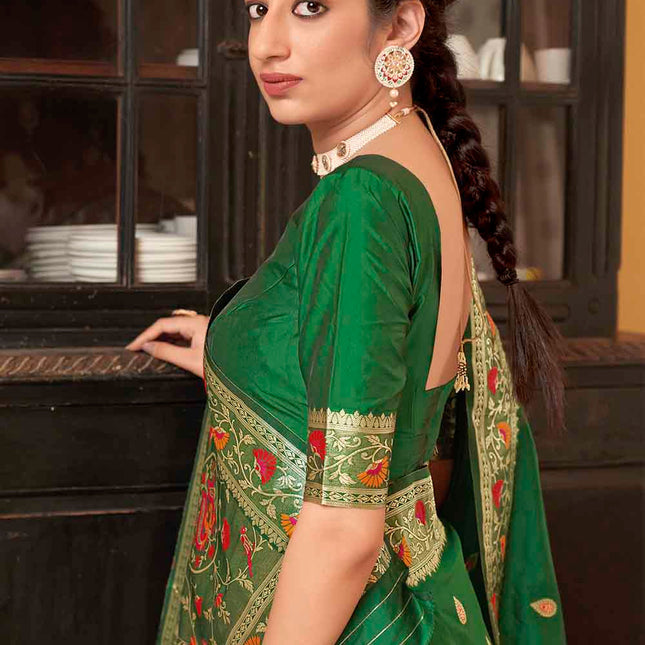 India Green Posh Butti Work Woven Soft Banarasi Silk Saree
