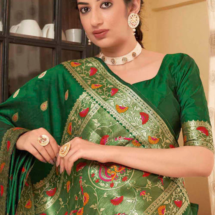 India Green Posh Butti Work Woven Soft Banarasi Silk Saree