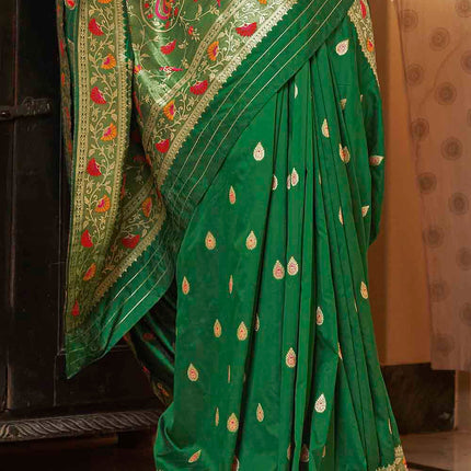 India Green Posh Butti Work Woven Soft Banarasi Silk Saree