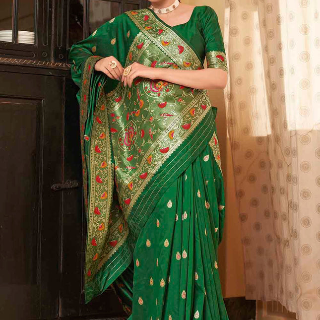India Green Posh Butti Work Woven Soft Banarasi Silk Saree