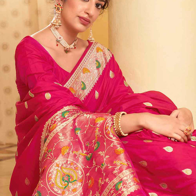 Rose Pink Posh Butti Work Woven Soft Banarasi Silk Saree