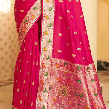 Rose Pink Posh Butti Work Woven Soft Banarasi Silk Saree