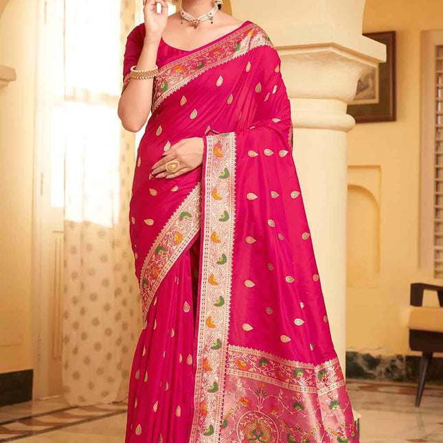 Rose Pink Posh Butti Work Woven Soft Banarasi Silk Saree