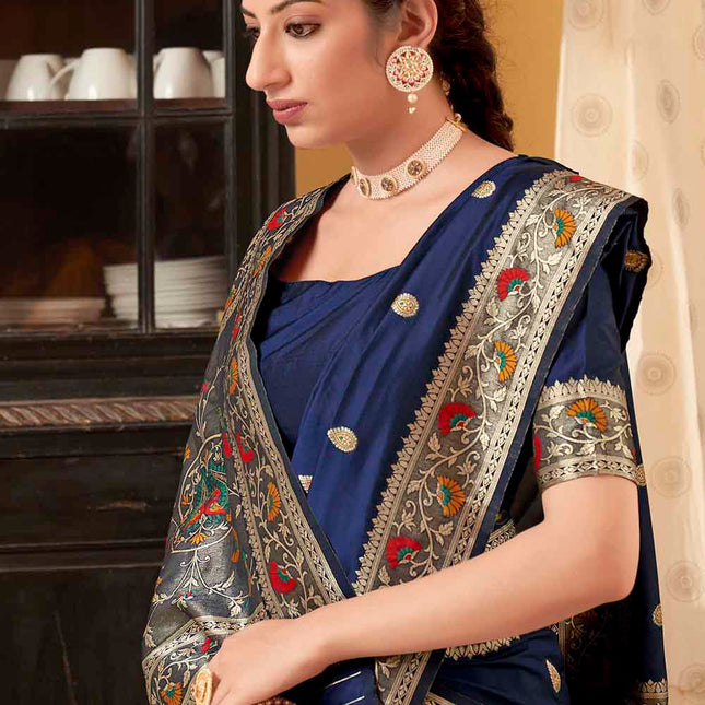 Dark Blue Posh Butti Work Woven Soft Banarasi Silk Saree