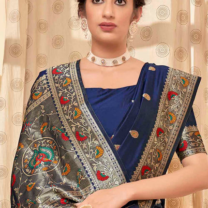 Dark Blue Posh Butti Work Woven Soft Banarasi Silk Saree