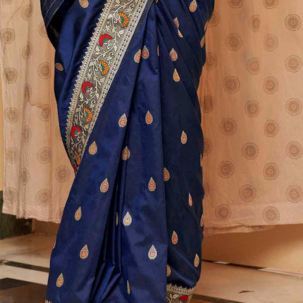 Dark Blue Posh Butti Work Woven Soft Banarasi Silk Saree