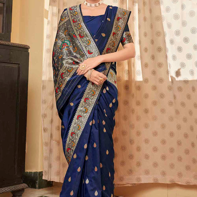 Dark Blue Posh Butti Work Woven Soft Banarasi Silk Saree
