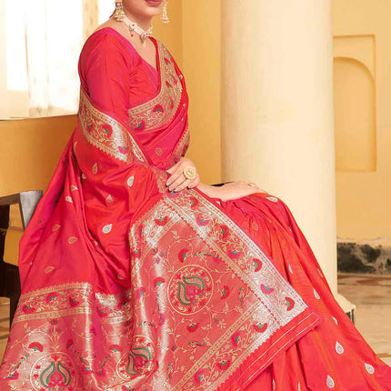 Cherry Red Posh Butti Work Woven Soft Banarasi Silk Saree
