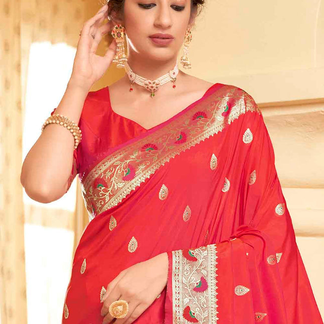 Cherry Red Posh Butti Work Woven Soft Banarasi Silk Saree