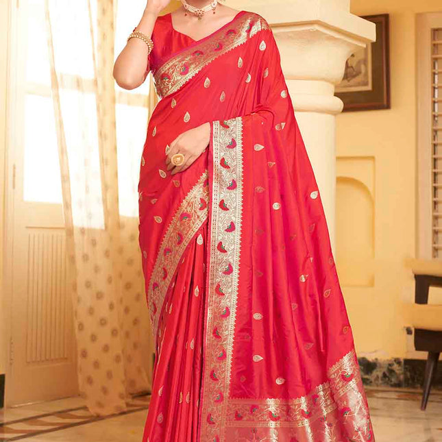 Cherry Red Posh Butti Work Woven Soft Banarasi Silk Saree