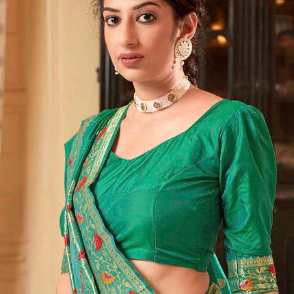 Emerald Green Posh Butti Work Woven Soft Banarasi Silk Saree