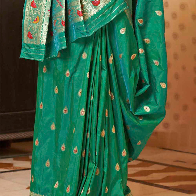 Emerald Green Posh Butti Work Woven Soft Banarasi Silk Saree