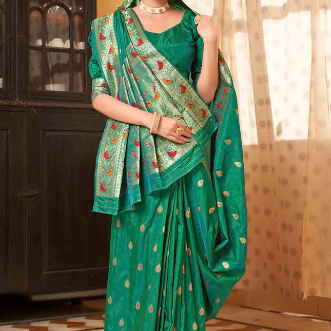 Emerald Green Posh Butti Work Woven Soft Banarasi Silk Saree