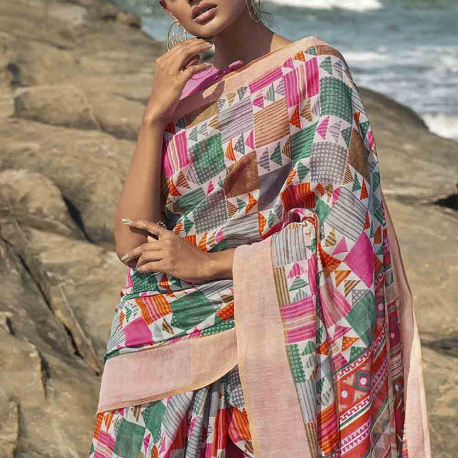 Prismatic Geometric Printed Cotton Saree
