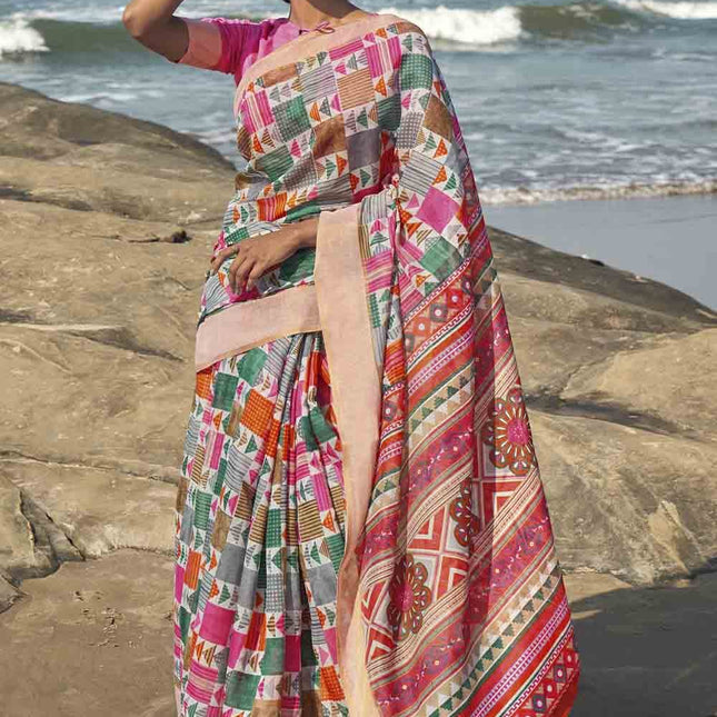 Prismatic Geometric Printed Cotton Saree