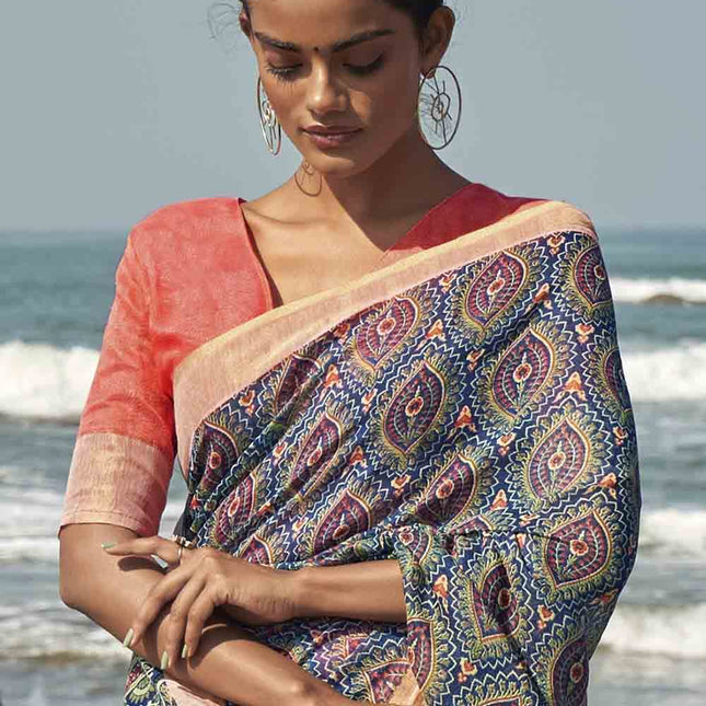 Showy Blue Pink Geometric Printed Cotton Saree