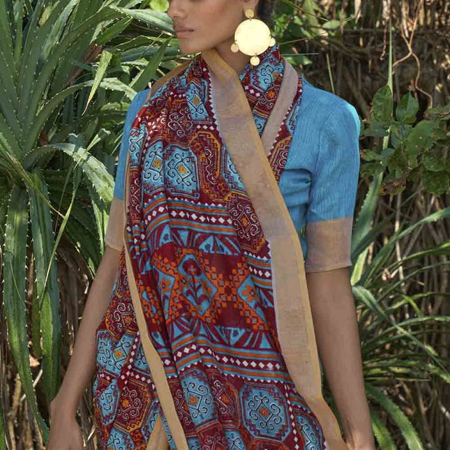 Tinted Blue Brown Geometric Printed Cotton Saree