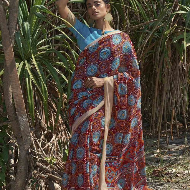 Tinted Blue Brown Geometric Printed Cotton Saree