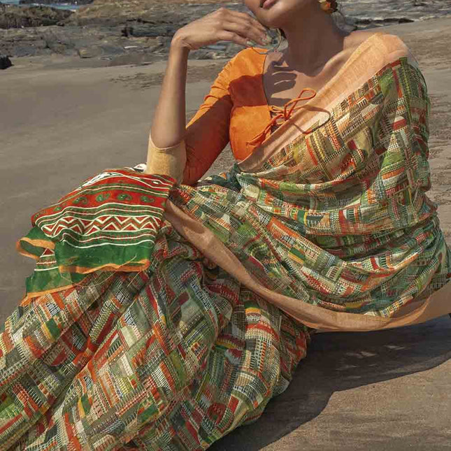 Tan Green Orange Geometric Printed Cotton Saree