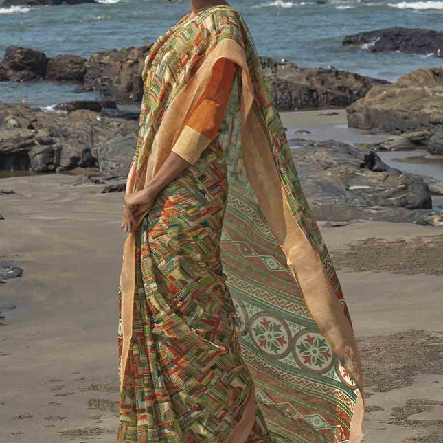 Tan Green Orange Geometric Printed Cotton Saree