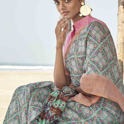 Maya Blue Geometric Printed Cotton Saree