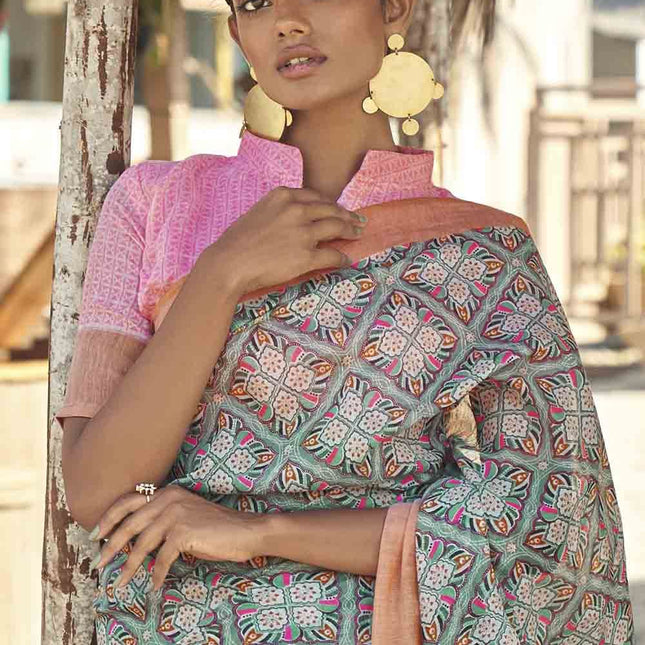 Maya Blue Geometric Printed Cotton Saree