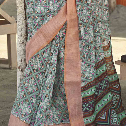Maya Blue Geometric Printed Cotton Saree