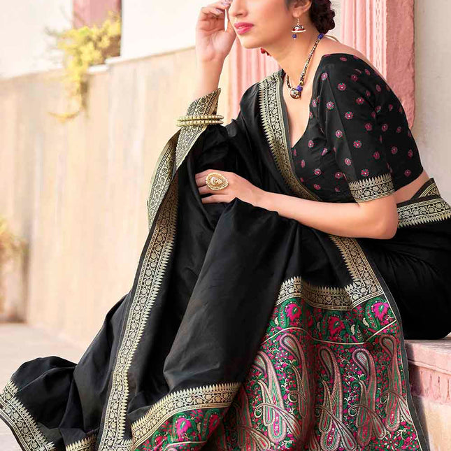 Night Black Woven Banarasi Silk Saree with Motifs Pallu